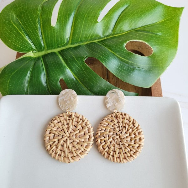 Shop Dominica Earrings - Dark Rattan-Lightweight hand-woven dark rattan earrings with hypoallergenic posts. Natural, modern style perfect for everyday wear, vacations, and warm-weather outfits-available at Reef Love online boho-chic boutique