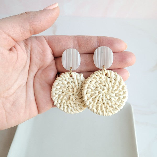 Shop Dominica Earrings - Light Rattan-Lightweight hand-woven light rattan earrings with hypoallergenic posts. Easy, earthy style perfect for everyday wear, travel, and warm-weather outfits.-available at Reef Love online boho-chic boutique