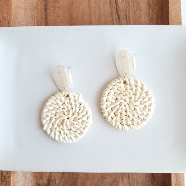 Shop Dominica Earrings - Light Rattan-Lightweight hand-woven light rattan earrings with hypoallergenic posts. Easy, earthy style perfect for everyday wear, travel, and warm-weather outfits.-available at Reef Love online boho-chic boutique