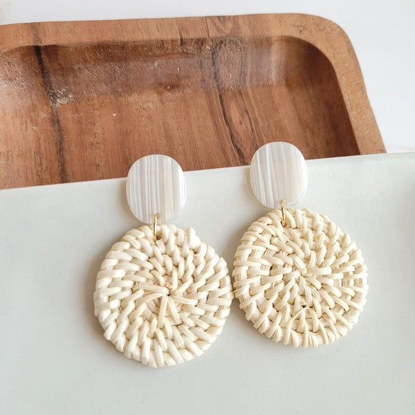 Shop Dominica Earrings - Light Rattan-Lightweight hand-woven light rattan earrings with hypoallergenic posts. Easy, earthy style perfect for everyday wear, travel, and warm-weather outfits.-available at Reef Love online boho-chic boutique