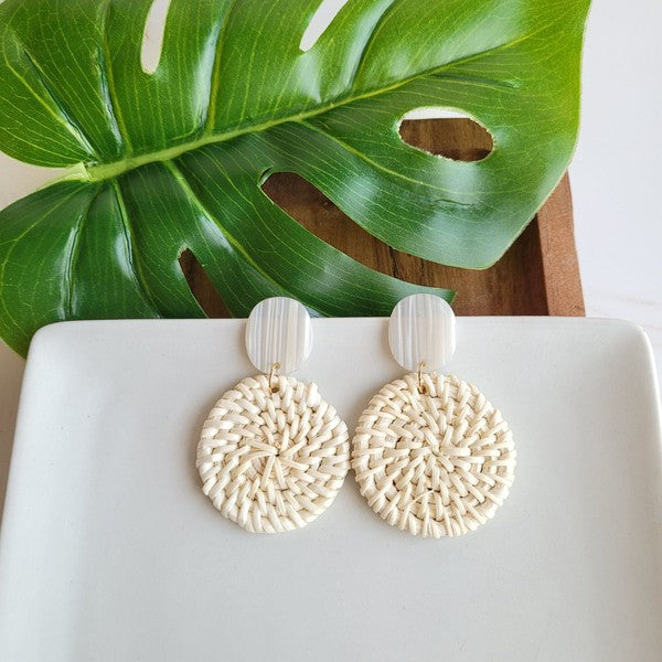 Shop Dominica Earrings - Light Rattan-Lightweight hand-woven light rattan earrings with hypoallergenic posts. Easy, earthy style perfect for everyday wear, travel, and warm-weather outfits.-available at Reef Love online boho-chic boutique