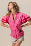Dot Trim Flutter Sleeve Notched Top-Reef Love