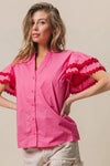 Dot Trim Flutter Sleeve Notched Top-Reef Love