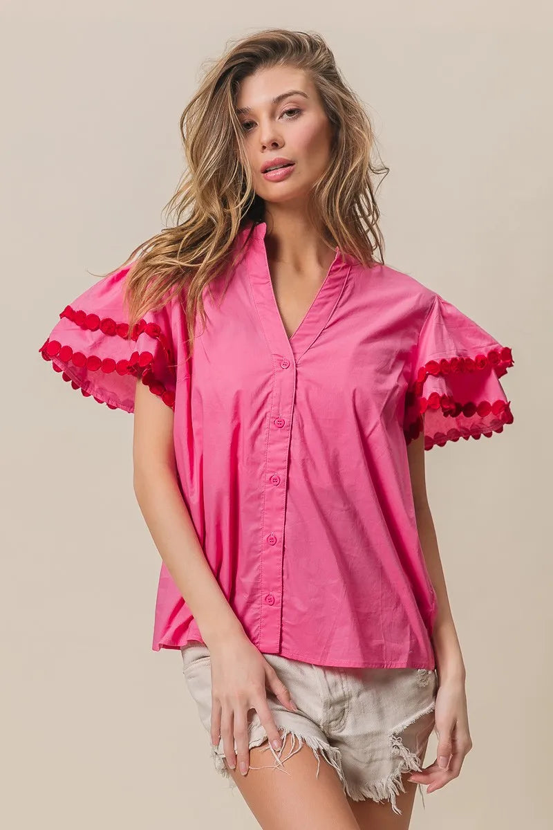 Dot Trim Flutter Sleeve Notched Top-Reef Love