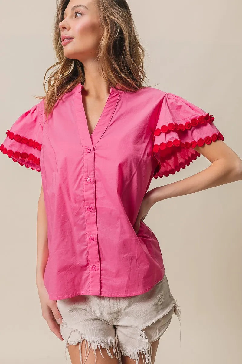 Dot Trim Flutter Sleeve Notched Top-Reef Love