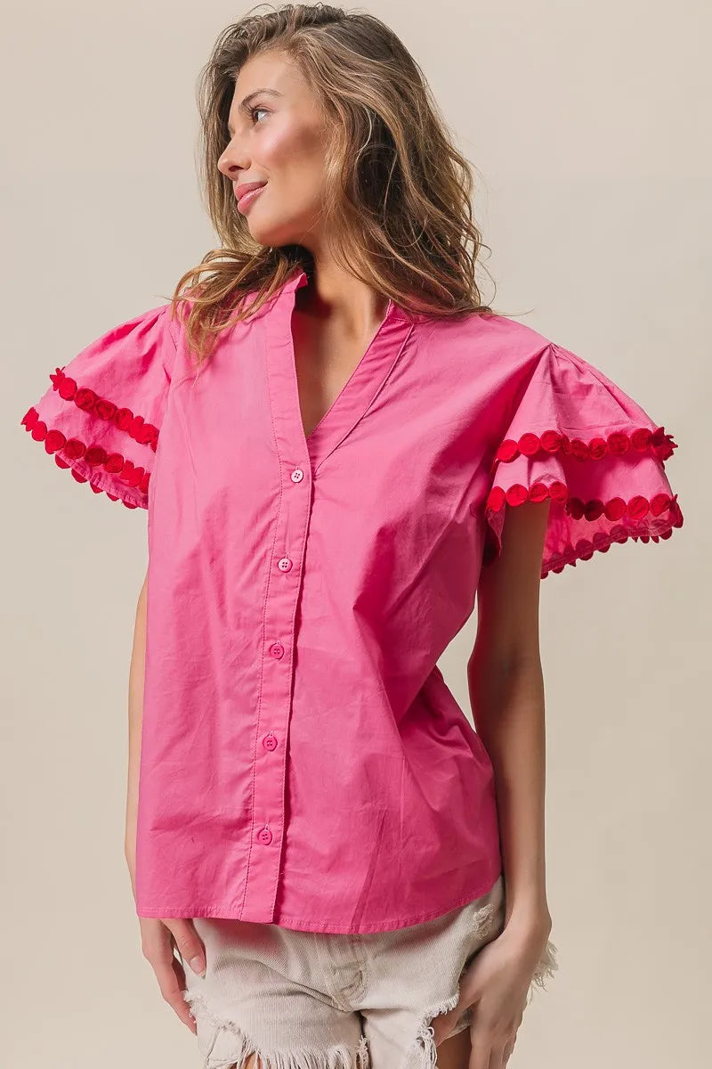 Dot Trim Flutter Sleeve Notched Top-Reef Love