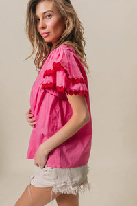 Dot Trim Flutter Sleeve Notched Top-Reef Love