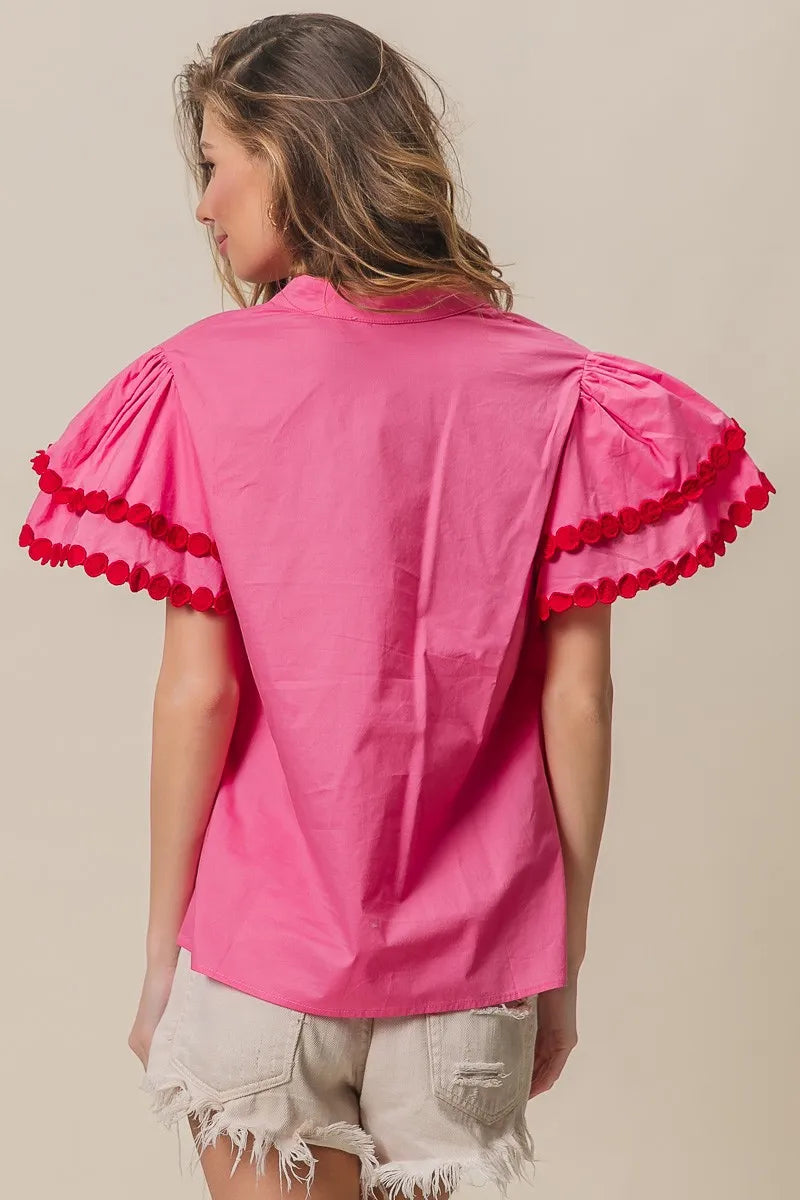 Dot Trim Flutter Sleeve Notched Top-Reef Love