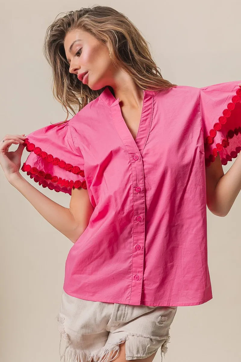Dot Trim Flutter Sleeve Notched Top-Reef Love