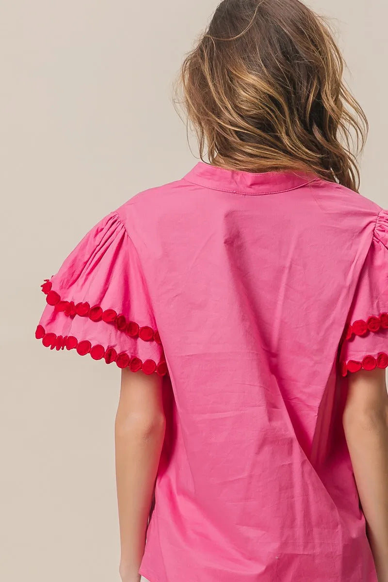 Dot Trim Flutter Sleeve Notched Top-Reef Love