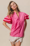 Dot Trim Flutter Sleeve Notched Top-Reef Love