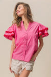 Dot Trim Flutter Sleeve Notched Top-Reef Love