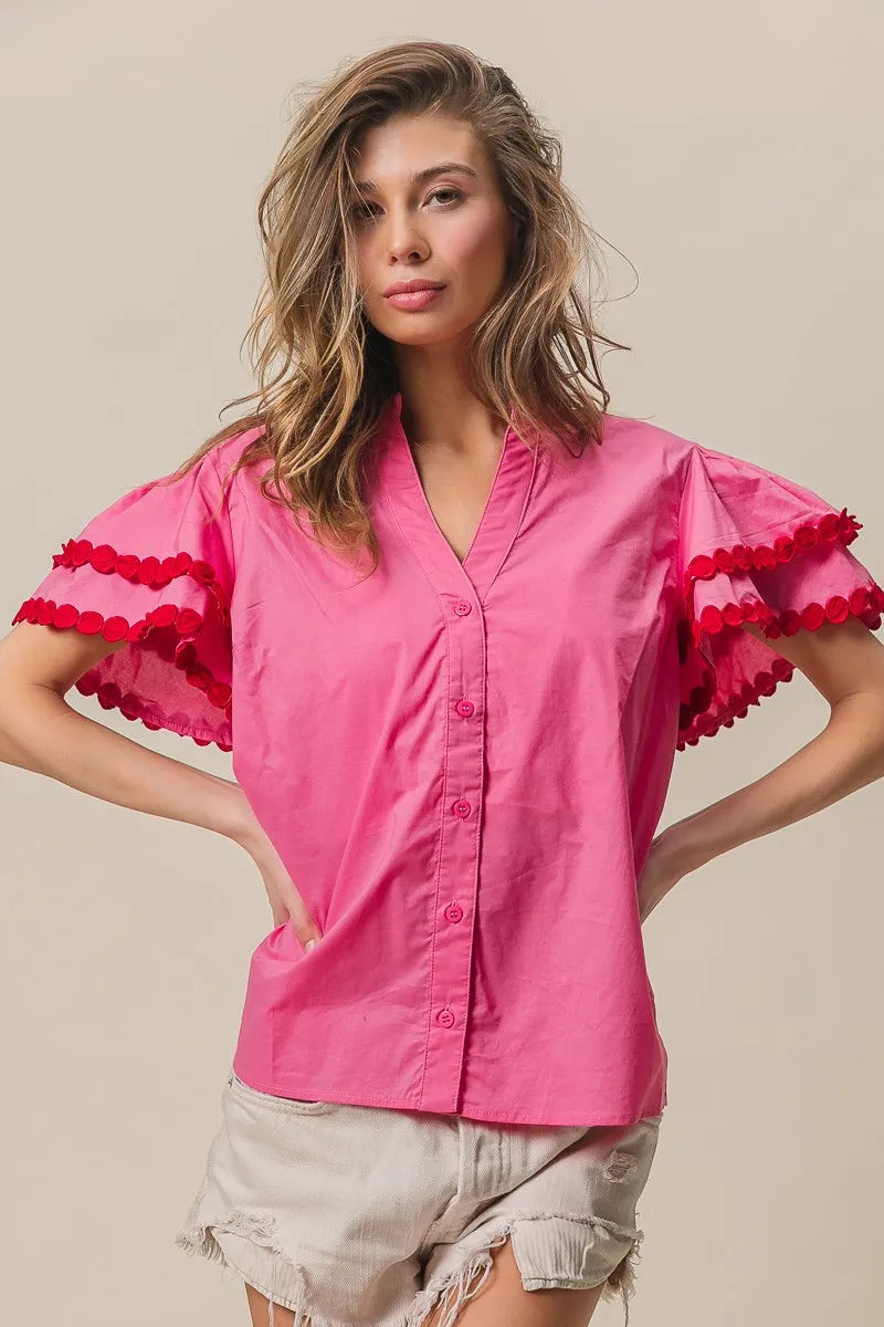 Dot Trim Flutter Sleeve Notched Top-Reef Love