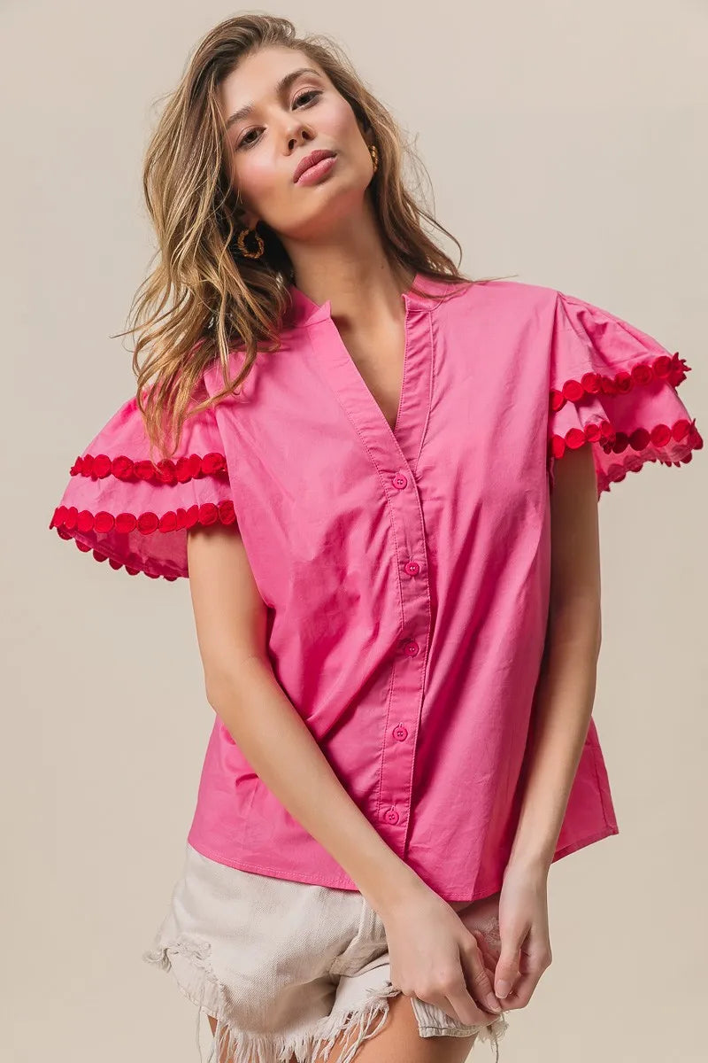Dot Trim Flutter Sleeve Notched Top-Reef Love