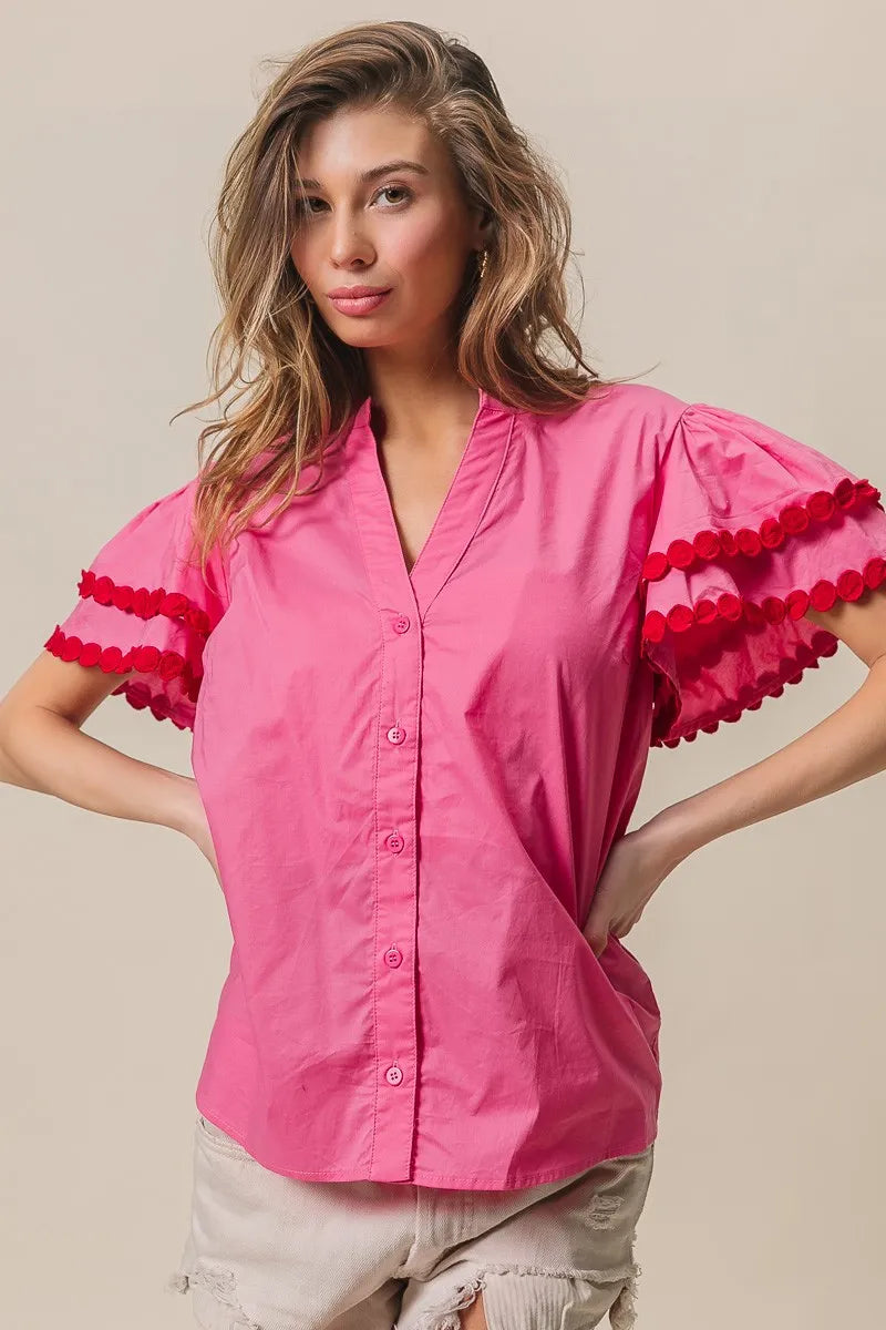 Dot Trim Flutter Sleeve Notched Top-Reef Love