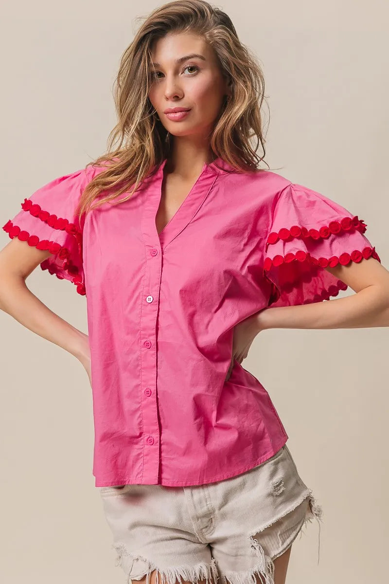 Dot Trim Flutter Sleeve Notched Top-Reef Love