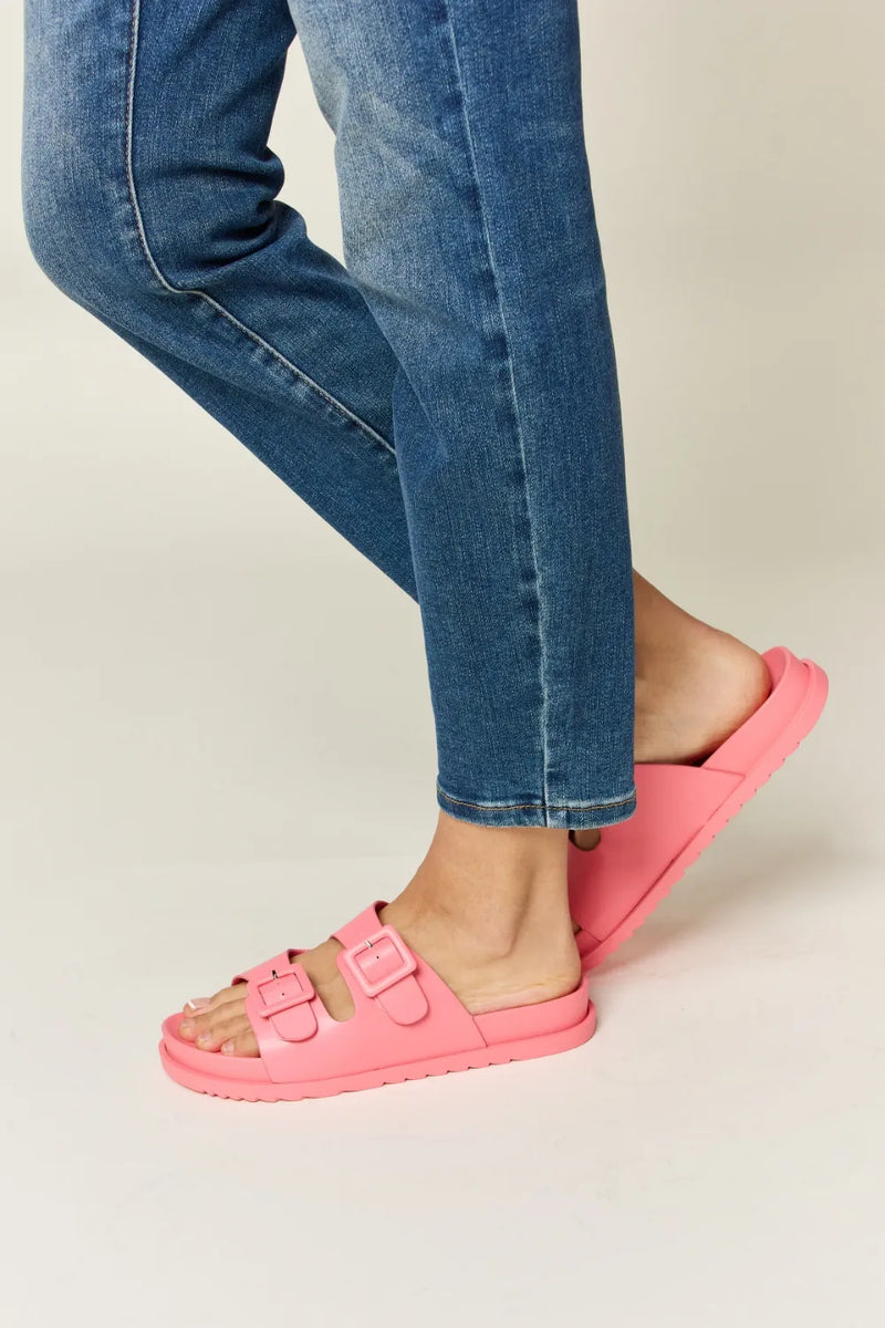 Double Buckle Open Toe Slide Sandals