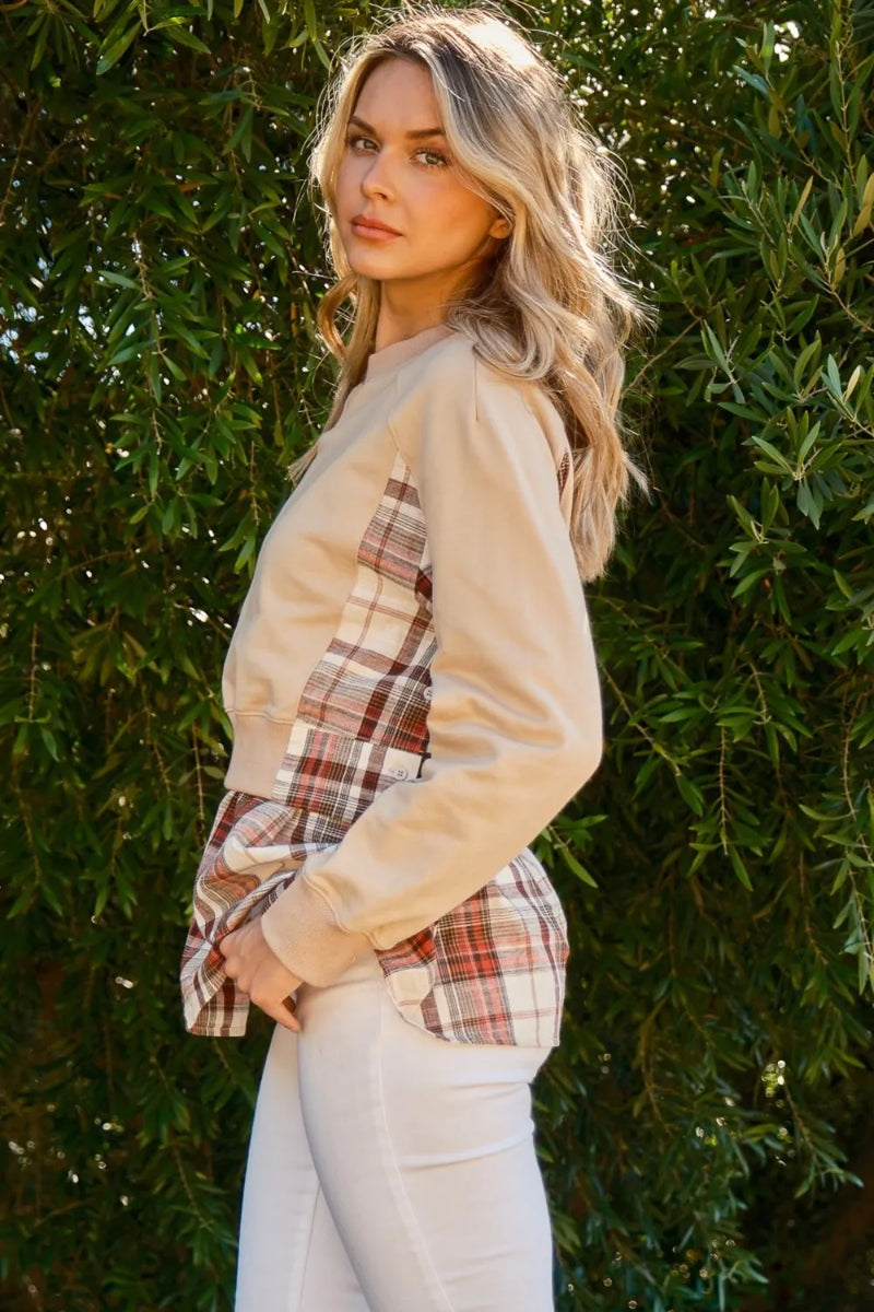 Double Layered Plaid Contrast Sweatshirt-Reef Love