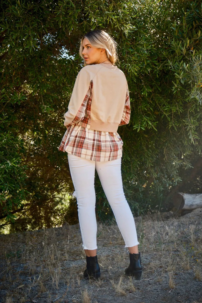 Double Layered Plaid Contrast Sweatshirt-Reef Love