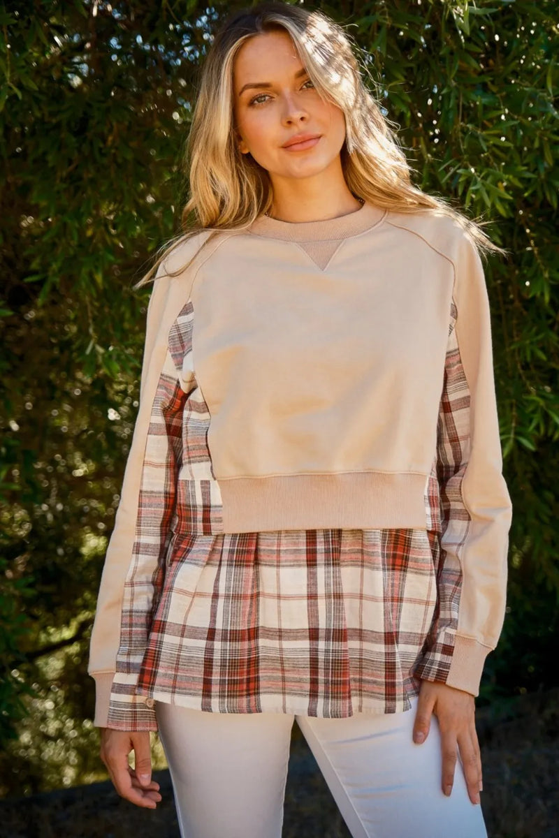 Double Layered Plaid Contrast Sweatshirt-Reef Love