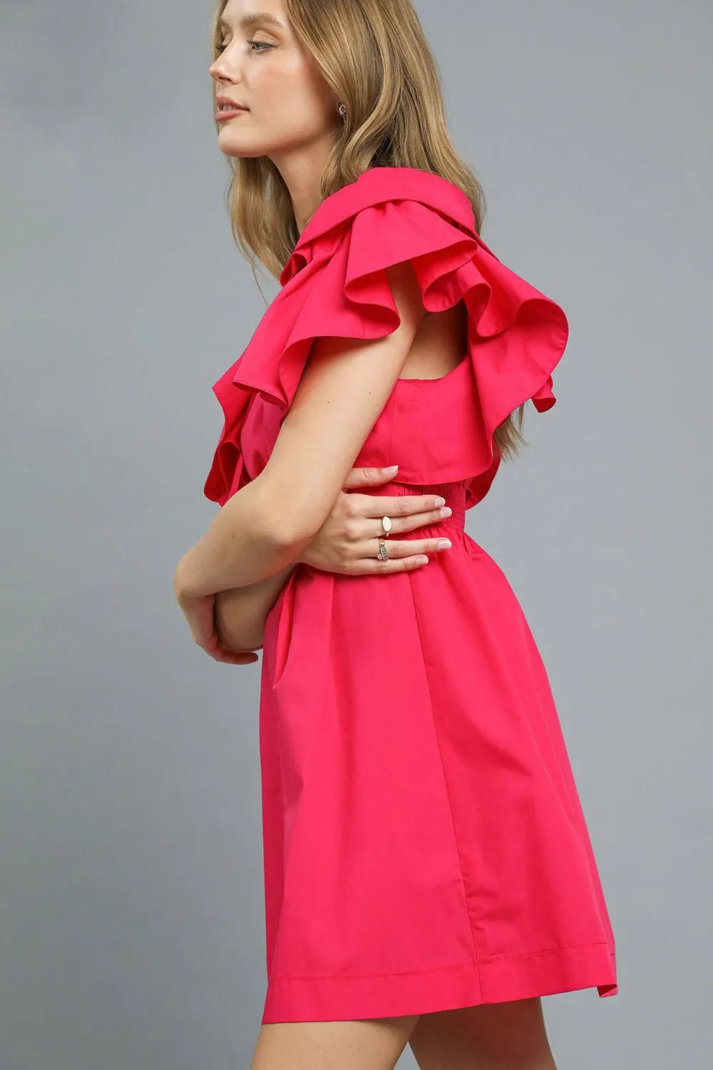 Double Ruffle Sleeve Fit and Flare Mini Dress-This stunning hot pink dress features dramatic tiered ruffle sleeves that create a bold fashion statement. The flattering A-line silhouette with V-neckline design.-Reef Love Boho-Chic Boutique