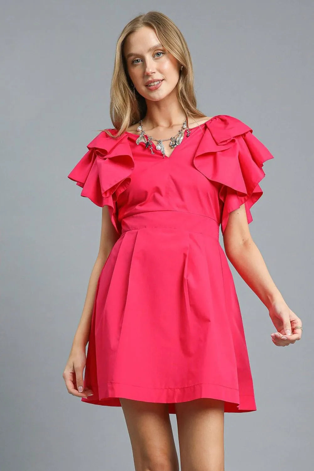 Double Ruffle Sleeve Fit and Flare Mini Dress-This stunning hot pink dress features dramatic tiered ruffle sleeves that create a bold fashion statement. The flattering A-line silhouette with V-neckline design.-Reef Love Boho-Chic Boutique
