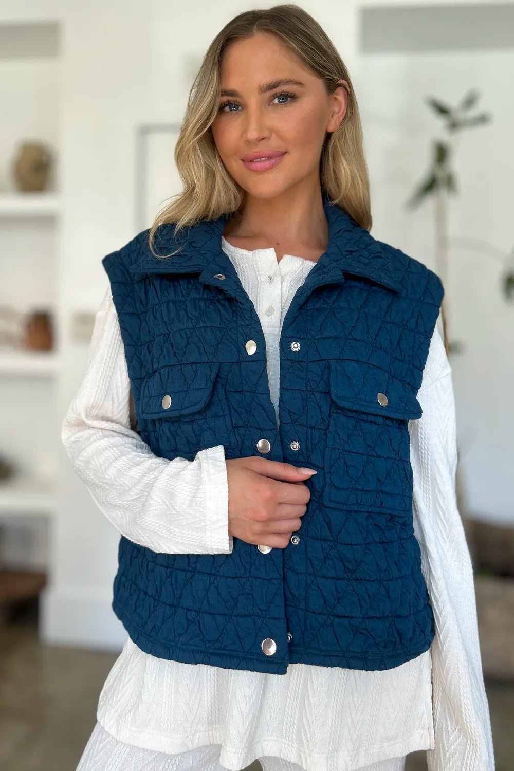 Double Take Full Size Pocketed Texture Snap Down Vest Coat-Reef Love