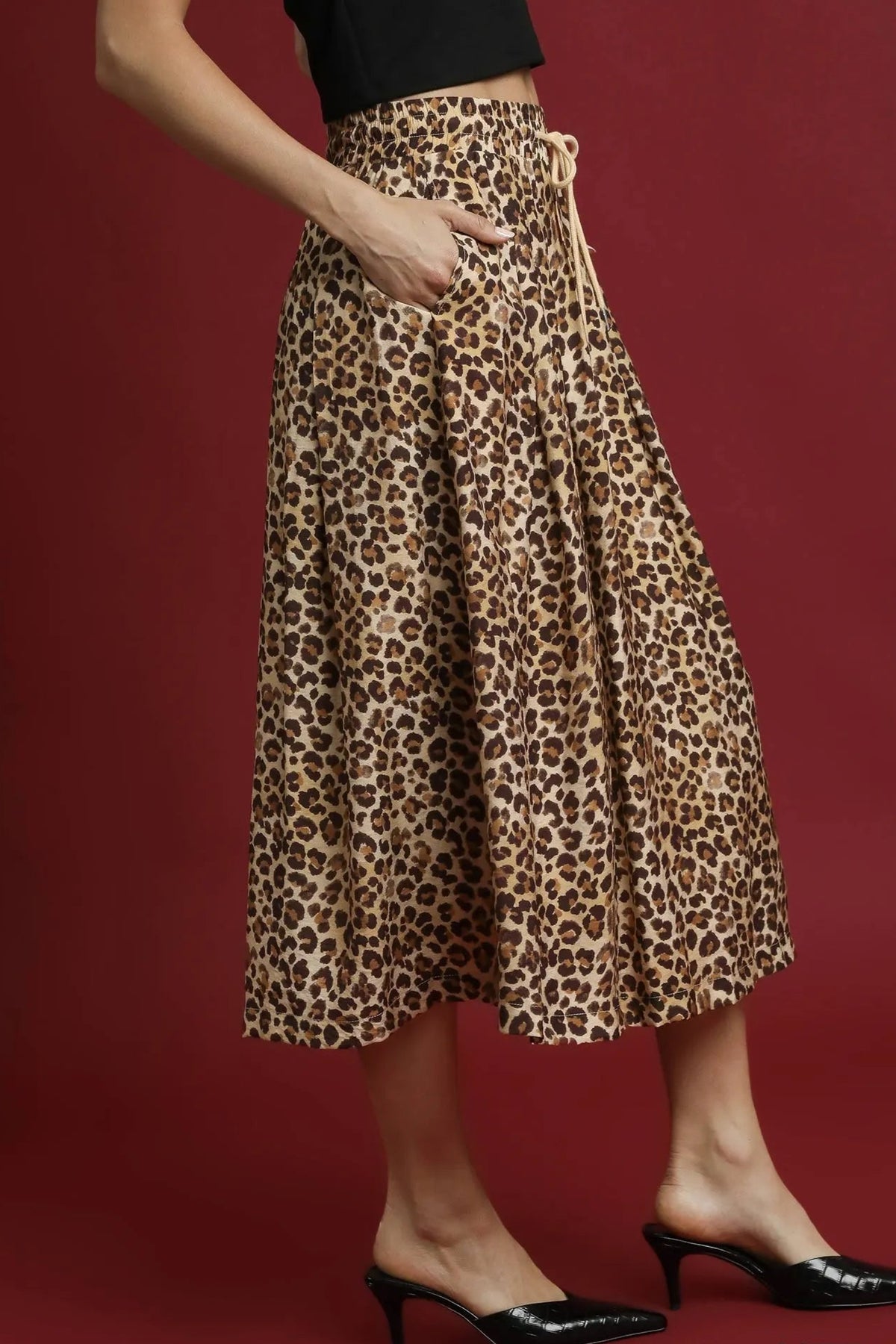 Leopard Midi Skirt, leopard print drawstring midi skirt featuring a flattering A-line style, high waist, everyday glam look