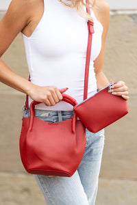 red Mini Bucket Crossbody Vegan Leather Tote