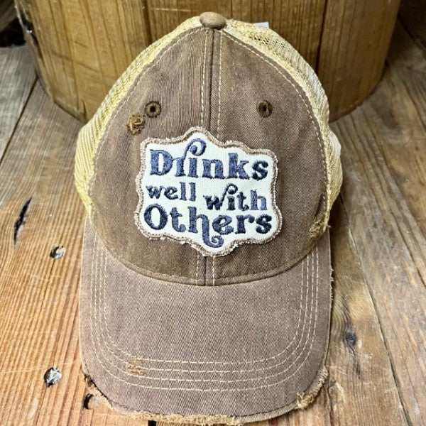 Drinks Well With Others Patch Distressed Baseball Cap-Drinks Well With Others Patch Distressed Baseball Cap. Distressed Headmost Brand Cap, Tan Mesh, Snapback Closure, Entire cap is soft, Superior quality.