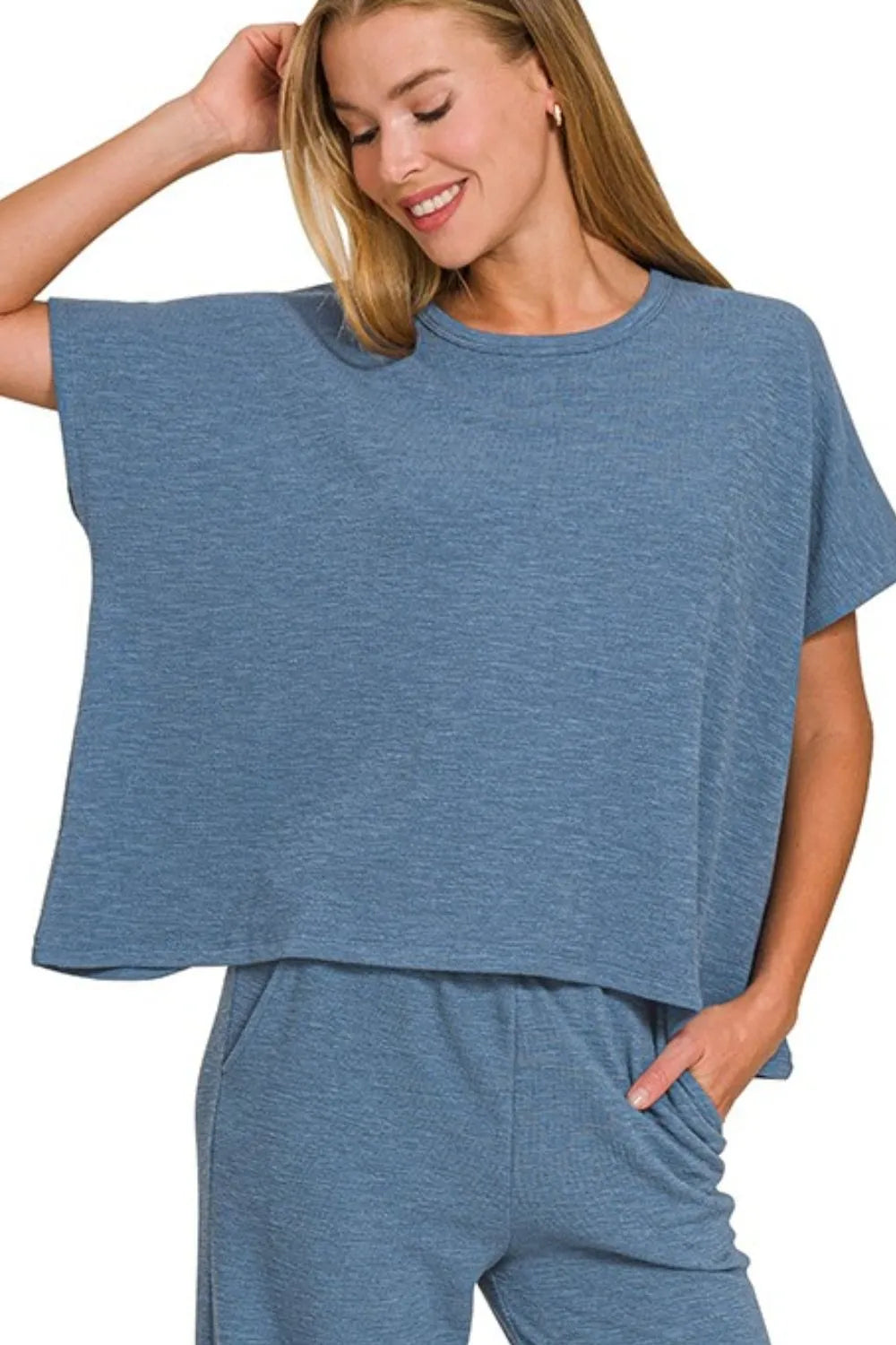 Dusty Blue Cotton Slub Top & Pants Lounge Set-Dusty Blue Cotton Slub Lounge Set. Two-piece outfit with oversized crop top and wide-leg pants in soft cotton-blend fabric. Perfect for lounging or travel.-Reef Love