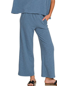 Dusty Blue Cotton Slub Top & Pants Lounge Set-Dusty Blue Cotton Slub Lounge Set. Two-piece outfit with oversized crop top and wide-leg pants in soft cotton-blend fabric. Perfect for lounging or travel.-Reef Love