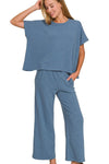 Dusty Blue Cotton Slub Top & Pants Lounge Set-Dusty Blue Cotton Slub Lounge Set. Two-piece outfit with oversized crop top and wide-leg pants in soft cotton-blend fabric. Perfect for lounging or travel.-Reef Love