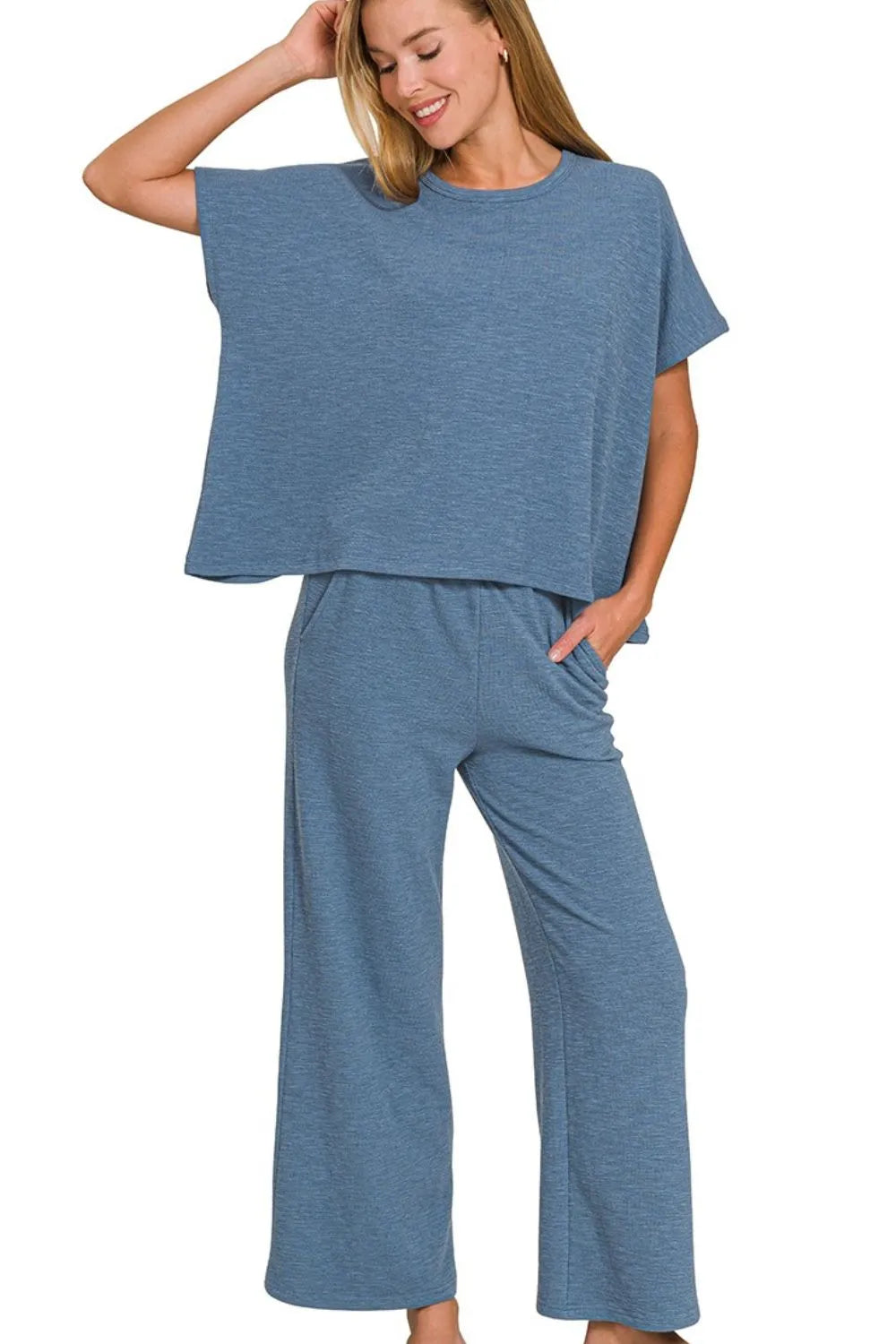 Dusty Blue Cotton Slub Top & Pants Lounge Set-Dusty Blue Cotton Slub Lounge Set. Two-piece outfit with oversized crop top and wide-leg pants in soft cotton-blend fabric. Perfect for lounging or travel.-Reef Love