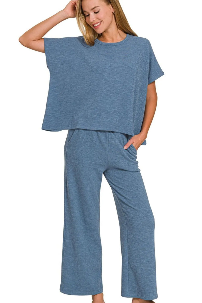 Dusty Blue Cotton Slub Top & Pants Lounge Set-Dusty Blue Cotton Slub Lounge Set. Two-piece outfit with oversized crop top and wide-leg pants in soft cotton-blend fabric. Perfect for lounging or travel.-Reef Love