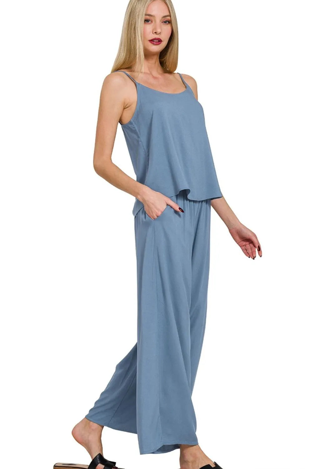 Dusty Blue Woven Cami & Pants Lounge Set-Dusty Blue woven cami & pants lounge set. Two-piece rayon outfit with spaghetti strap top and wide-leg palazzo pants. Lightweight, breathable, and chic.-Reef Love