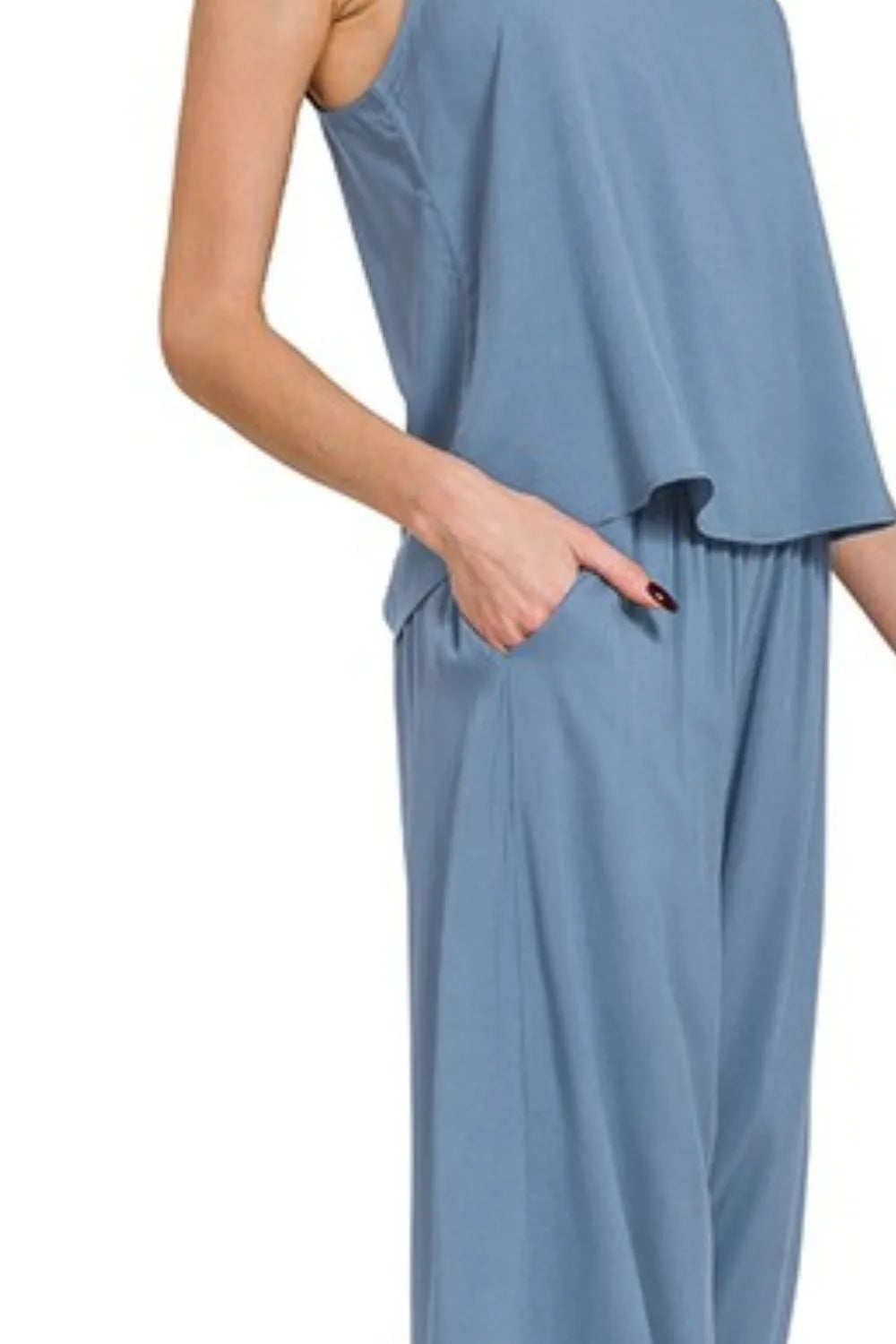 Dusty Blue Woven Cami & Pants Lounge Set-Dusty Blue woven cami & pants lounge set. Two-piece rayon outfit with spaghetti strap top and wide-leg palazzo pants. Lightweight, breathable, and chic.-Reef Love