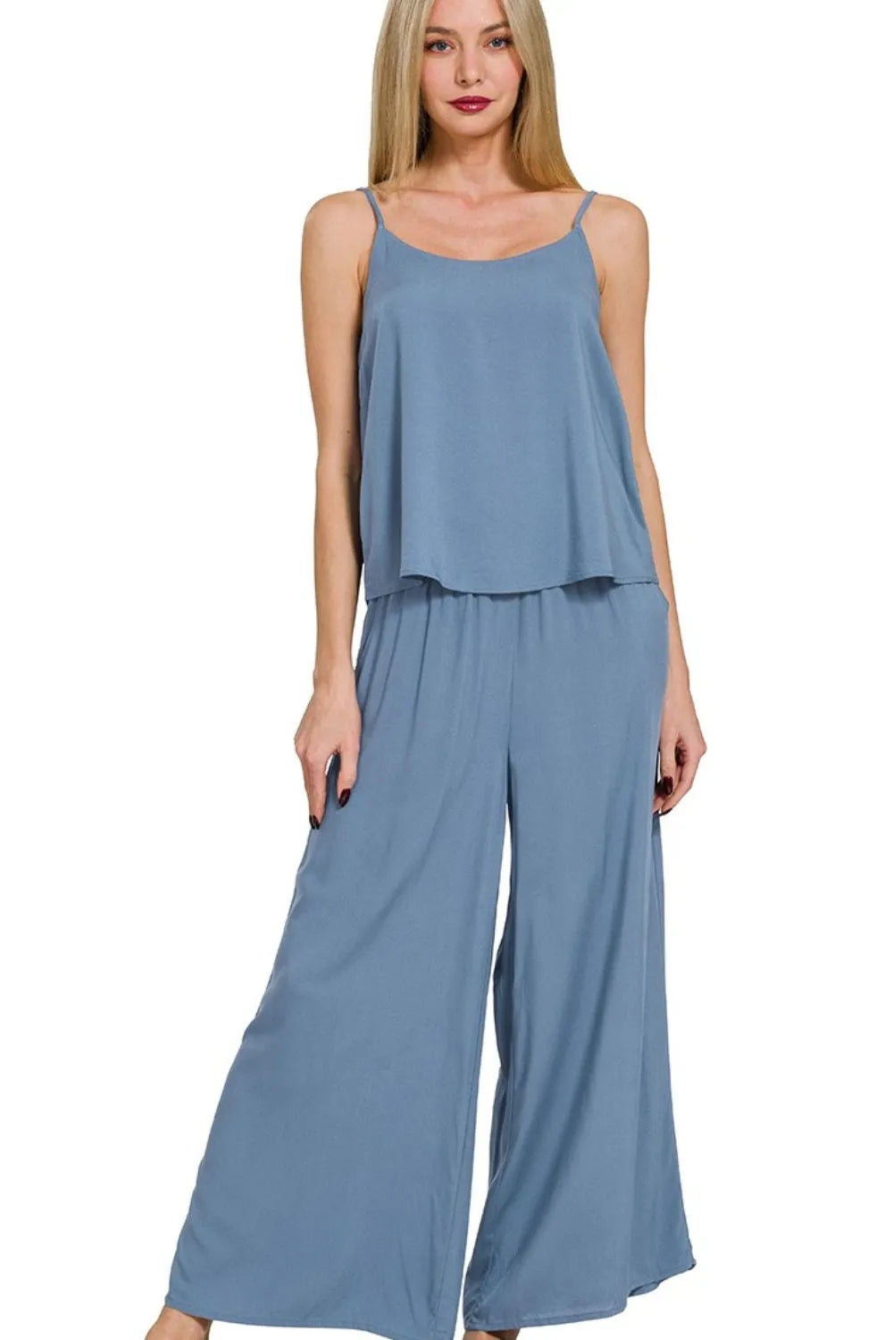 Dusty Blue Woven Cami & Pants Lounge Set-Dusty Blue woven cami & pants lounge set. Two-piece rayon outfit with spaghetti strap top and wide-leg palazzo pants. Lightweight, breathable, and chic.-Reef Love