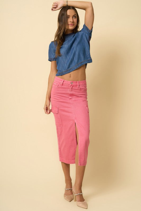Dusty Pink Cargo Denim Midi Skirt