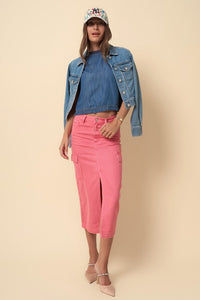 Dusty Pink Cargo Denim Midi Skirt