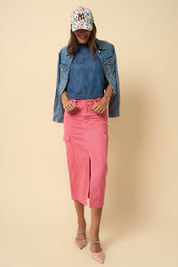Dusty Pink Cargo Denim Midi Skirt