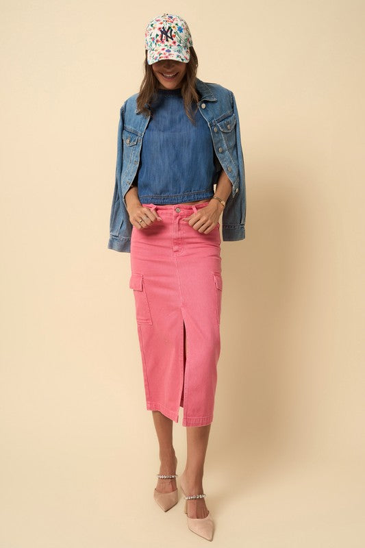 Dusty Pink Cargo Denim Midi Skirt