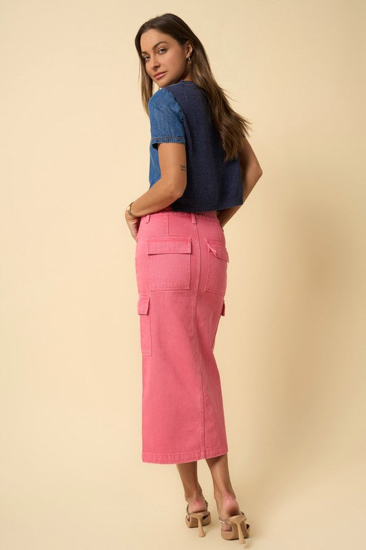 Dusty Pink Cargo Denim Midi Skirt