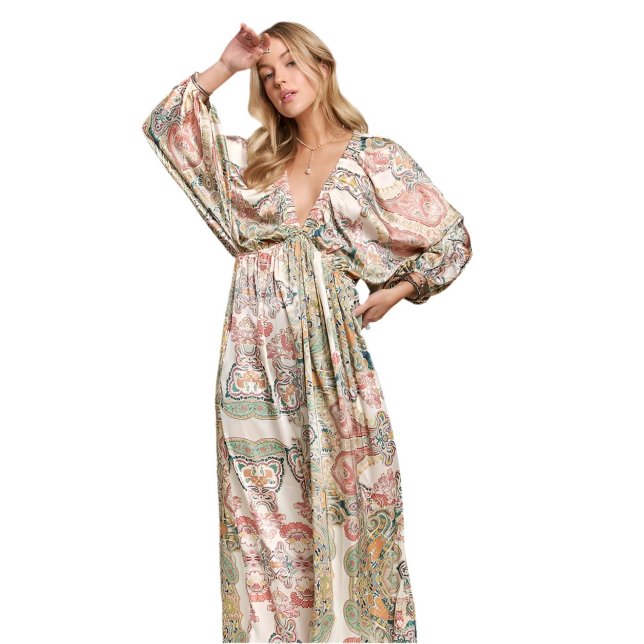 Isla Boho Printed V-Neck Batwing Sleeve Dress by ADORA-The Printed Batwing Sleeve Dress is a stylish and chic addition to your wardrobe. With flowy batwing sleeves, this dress offers a relaxed yet elegant look. -Reef Love Boho-Chic Boutique