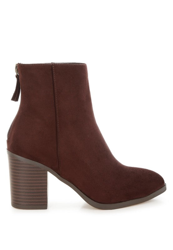 Eigur High Block Heel Boots-Eigur high block heel boots by London Rag. Microfiber ankle boots with almond toe, cushioned insole & 3" stacked block heel. Chic, versatile everyday style.