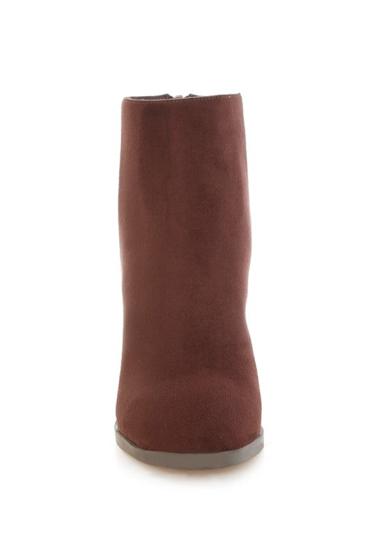 Eigur High Block Heel Boots-Eigur high block heel boots by London Rag. Microfiber ankle boots with almond toe, cushioned insole & 3" stacked block heel. Chic, versatile everyday style.