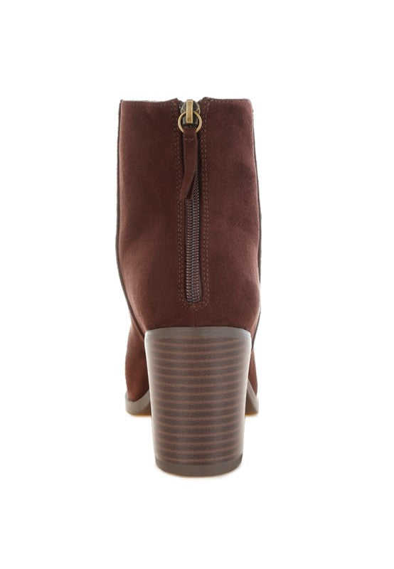 Eigur High Block Heel Boots-Eigur high block heel boots by London Rag. Microfiber ankle boots with almond toe, cushioned insole & 3" stacked block heel. Chic, versatile everyday style.