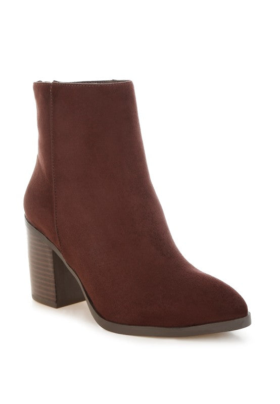 Eigur High Block Heel Boots-Eigur high block heel boots by London Rag. Microfiber ankle boots with almond toe, cushioned insole & 3" stacked block heel. Chic, versatile everyday style.
