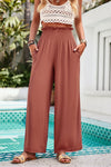 Elastic Waist Band Smocked Wide Leg Pants with Pockets-Elastic waist smocked wide leg pants in copper brown with pockets. Lightweight viscose trousers perfect for casual, vacation, and everyday boho-chic style.-Reef Love