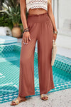 Elastic Waist Band Smocked Wide Leg Pants with Pockets-Elastic waist smocked wide leg pants in copper brown with pockets. Lightweight viscose trousers perfect for casual, vacation, and everyday boho-chic style.-Reef Love